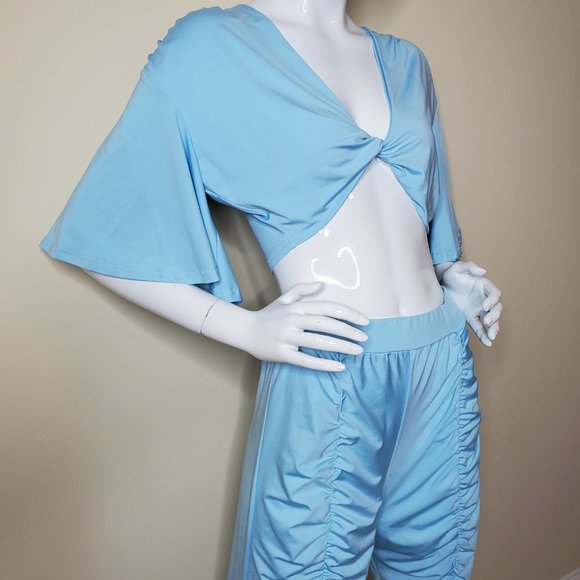 Pastel Baby Blue Two Piece Trendy V Neck Bat Wing Top w/ Skinny Fit Pant SZ L - Picture 6 of 10